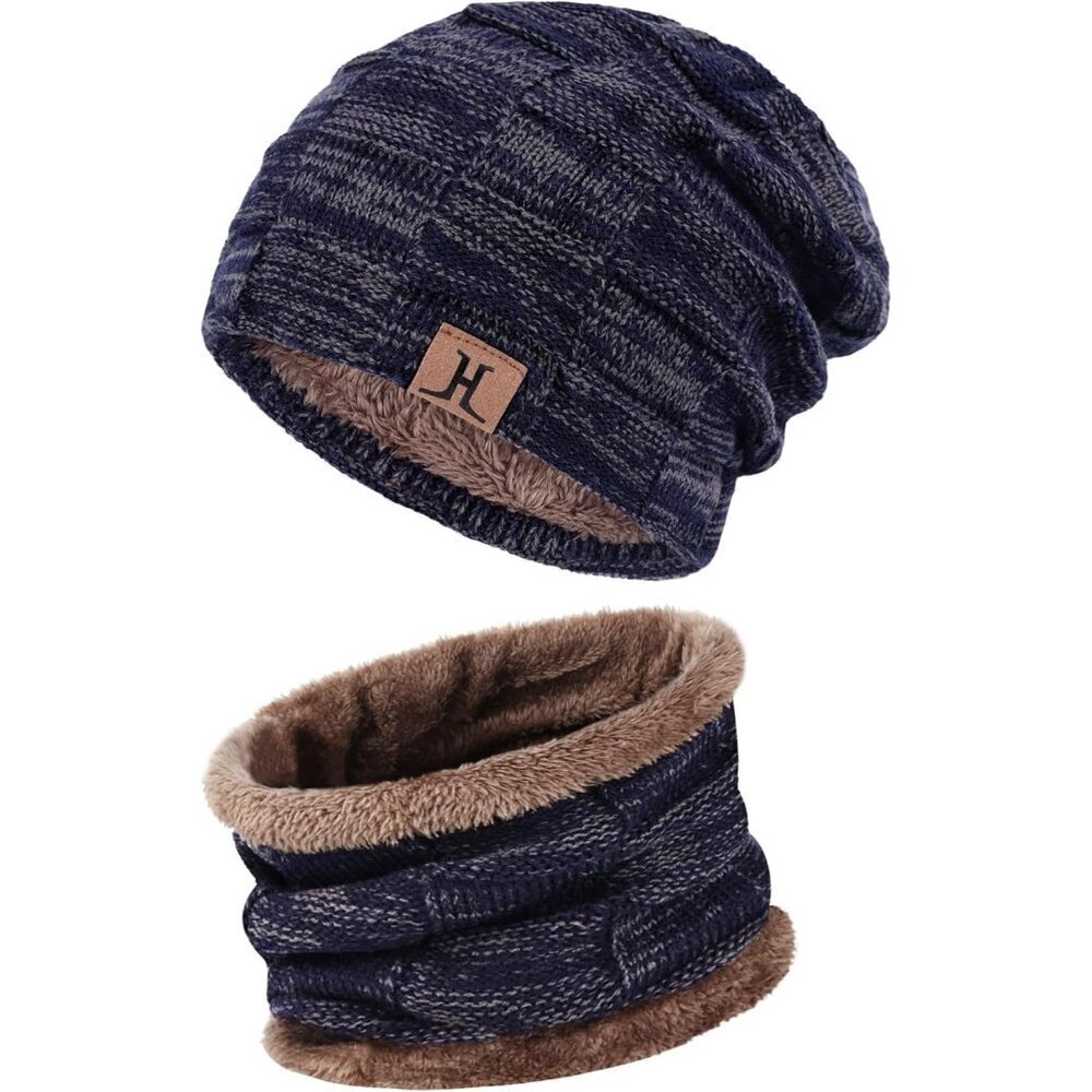 Mens Navy Blue Winter Warm Knit Skull Cap Neck Warmer Fleece Lined Hat Scarf Set - Picture 2 of 5